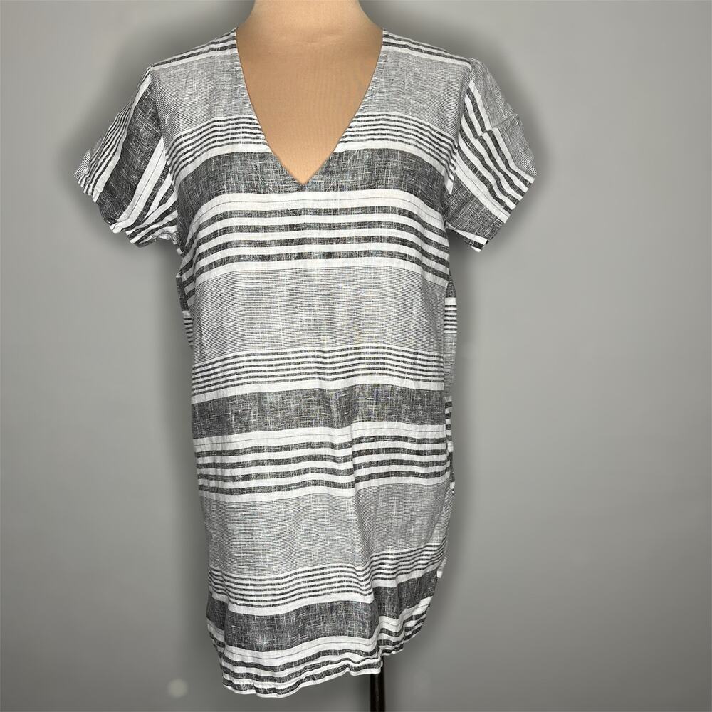 Stella Martini Linen Dress Small Womens Gray Striped Shift Mini V-Neck Casual
